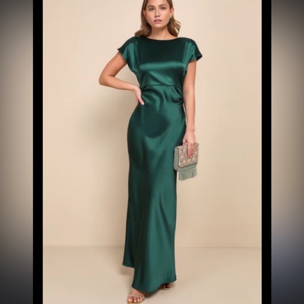 Lulu's Captivating Presence Forest Green Satin Cowl Back Maxi Dress Size Large